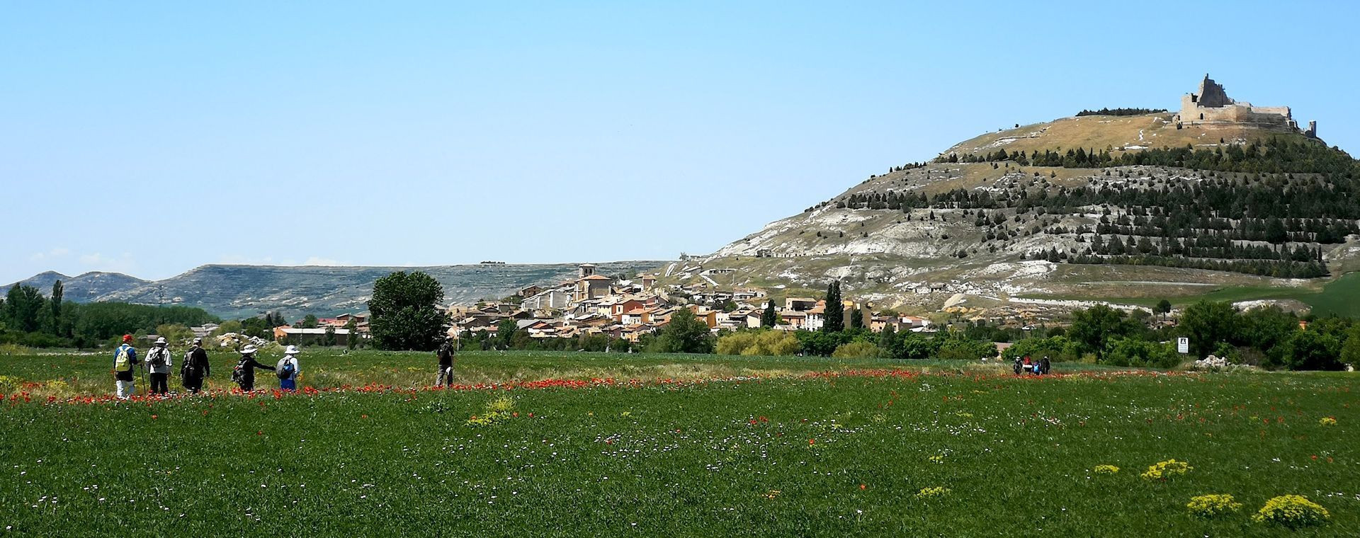 © Francois Ribard Randonneurs devant le château de Castrojeriz - Chemin de Saint-Jacques - Castille-et-León - Espagne