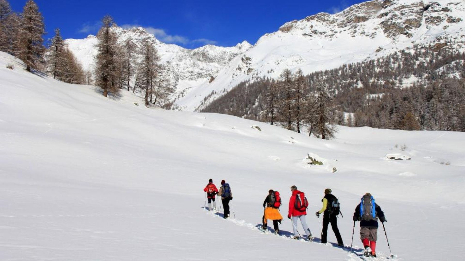 © Allibert Randonneurs en raquettes dans un vallon enneigé - Alpes italiennes - Italie
